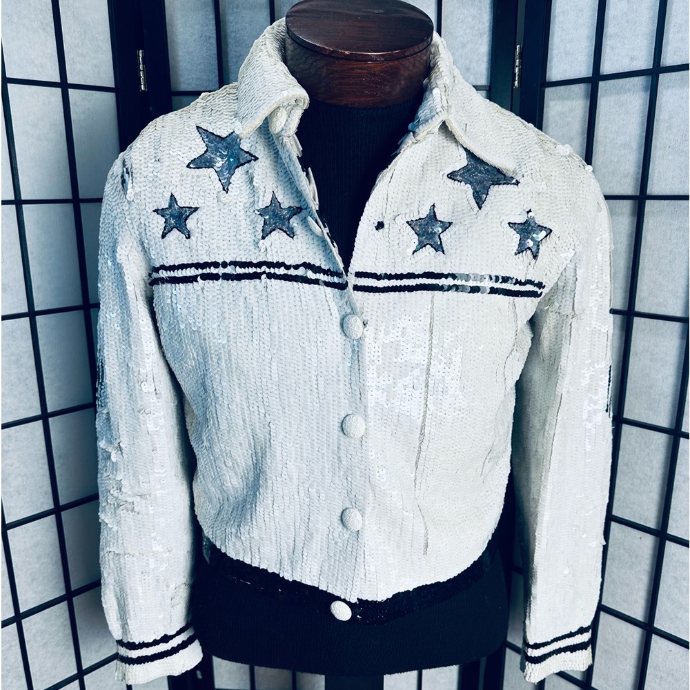 Modi Denim Vintage 100% Silk Sequin Jacket - White Silver Stars & Eagle 🌟 🦅